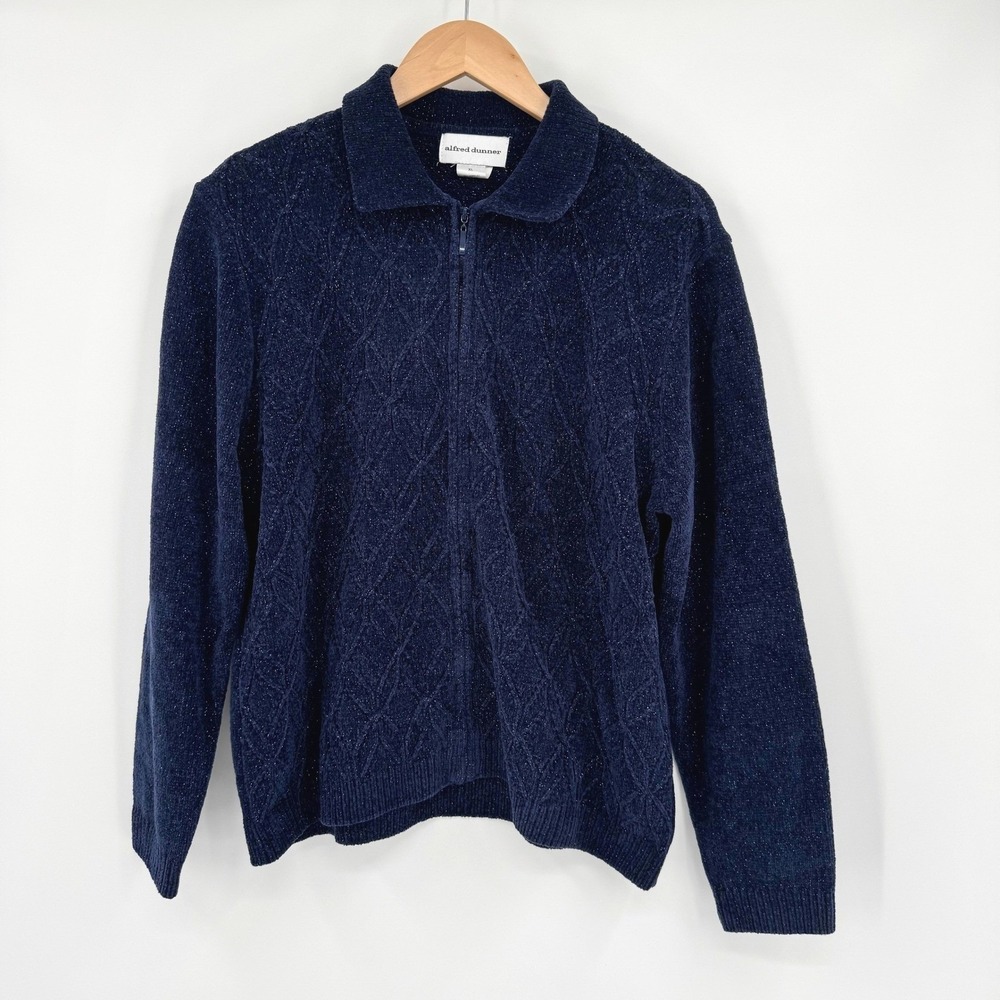 Alfred Dunner Womens Navy Blue Metallic Chenille Zip Front Cable Knit Sweater XL